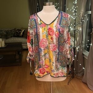 Johnny Was 100% Silk Sorbet Colorful Floral Print Blouse Sz XS NWOT